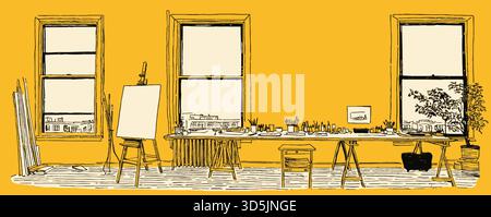 Un dessin d'une chambre avec un bureau et une chaise. La pièce est jaune et a une fenêtre Illustration de Vecteur