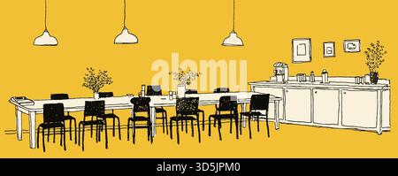 Une salle jaune avec une longue table et de nombreuses chaises. Les chaises sont disposées en rangées et la table est longue. Il y a des plantes en pot et des vases sur la table Illustration de Vecteur
