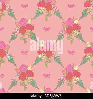 Vintage line art rose bouquets et noeuds d'arc fantaisie modèle sans couture. Fond de répétition romantique de composition florale Illustration de Vecteur