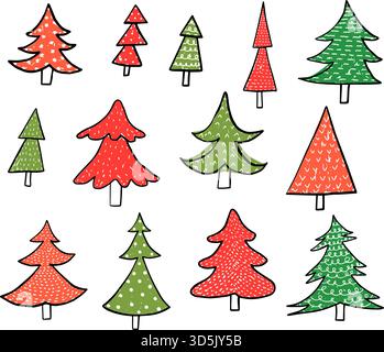 Arbres vectoriels de Noël doodle dessinés à la main dans des couleurs vertes et rouges pour les cartes de voeux de vacances, les icônes et la conception graphique Illustration de Vecteur