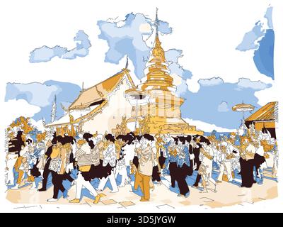 Peinture impressionniste de style croquis, bouddhistes marchent avec les mains serrées ensemble et prient autour du temple, image vectorielle d'illustration numérique Illustration de Vecteur