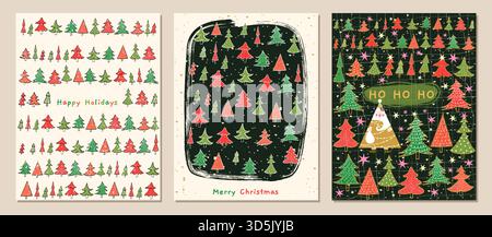 Cartes de Noël vectorielles mignonnes ensemble avec des arbres de Noël en rouge et vert et un drôle de Santa Claus se cachant, design de vacances élégant, fond, flyers et t Illustration de Vecteur