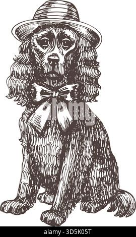 Illustration vectorielle vintage d'un chien dans un chapeau avec un arc, dessiné dans le style classique de gravure à l'encre. Parfait pour l'art cottagecore, impressions rétro, sur le thème des animaux de compagnie Illustration de Vecteur