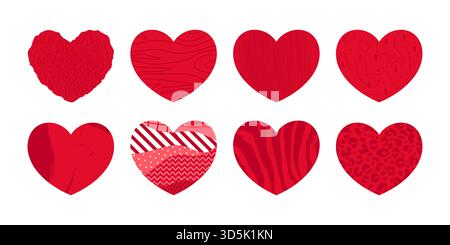 Textile, icônes de coeur grunge, coeur avec imprimé animal et motif abstrait. Icônes de coeurs rouges avec différentes textures. Illustration vectorielle Illustration de Vecteur