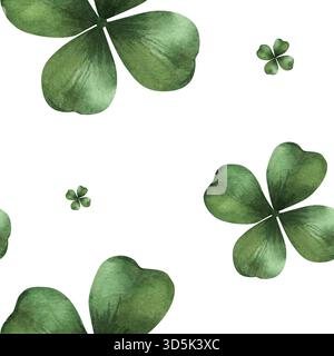 Modèle sans couture de trèfles verts à quatre feuilles pour bonne chance. Illustration botanique délicate peinte à la main sur un fond blanc. Design Lucky Charm minimaliste pour la fête de Patrick et le papier peint Banque D'Images
