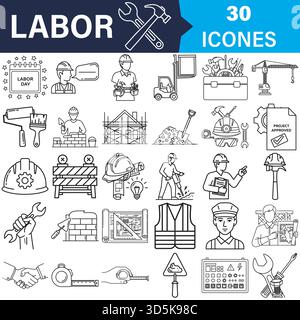 Icônes vectorielles de construction et de jour du travail définies pour le vecteur de travailleurs industriels Illustration de Vecteur