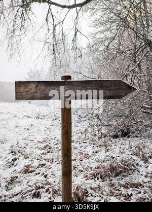 Panneau de signalisation en bois vierge dans une scène de la nature estonienne enneigée, offrant un espace de copie pour votre message ou texte. Concept de direction. Banque D'Images