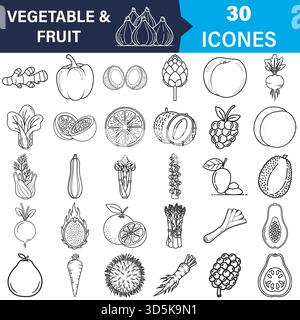 Collection d'icônes d'art de ligne de fruits et légumes divers dessinés à la main vecteur Illustration de Vecteur