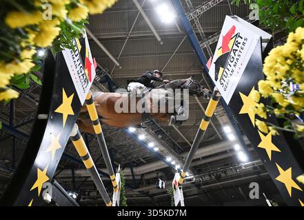 Stuttgart, Allemagne. 16 novembre 2025. Sport équestre/saut : Coupe du monde, compétition de saut d'obstacles avec saut d'obstacles. Richard Vogel d'Allemagne sur son étalon United Touch. Crédit : Bernd Weißbrod/dpa/Alamy Live News Banque D'Images