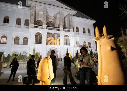 Téhéran, Iran. 15 novembre 2025. Des visiteurs iraniens se tiennent derrière des sculptures placées devant le musée du cinéma pendant la semaine du design de Téhéran à Téhéran, Iran, le 15 novembre 2025. La semaine du design de Téhéran est un événement inclusif qui tisse le design dans le tissu de la vie urbaine, créant une plate-forme de dialogue créatif entre designers, producteurs et passionnés. (Photo de Morteza Nikoubazl/NurPhoto) crédit : NurPhoto SRL/Alamy Live News Banque D'Images