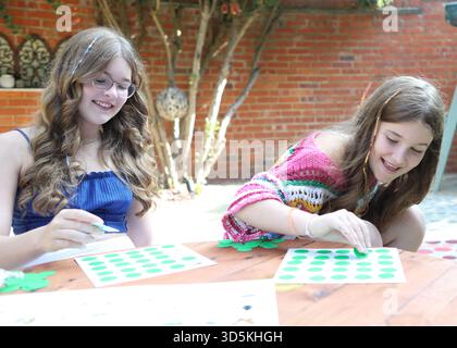 Les filles jouant à un jeu de société dans le concept de jardin frères et sœurs rivalité compétition amusante expression émotions émotion Banque D'Images