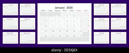 2026 ensemble de calendriers avec miniatures mensuelles et mise en page en grille pour la planification. Illustration de Vecteur