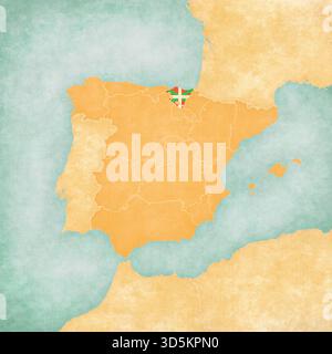 Pays basque (drapeau basque) sur la carte de l'Espagne dans un style grunge doux et vintage, comme du vieux papier avec de la peinture à l'aquarelle. Banque D'Images