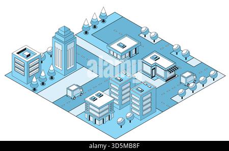 Ville monochrome isométrique avec architecture du centre-ville, bâtiments commerciaux, routes, véhicules et arbres. Concept moderne d'aménagement urbain Illustration de Vecteur