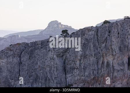 Falaises de montagnes rocheuses près de Tarragone, Espagne, avec un arbre seul poussant sur la crête et des sommets superposés dans une douce lumière du soir. Banque D'Images