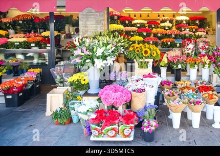 Exposition colorée de magasin de fleurs à Tallinn avec des bouquets, des plantes en pot et une grande variété de fleurs disposées à l'extérieur de la vitrine. Banque D'Images