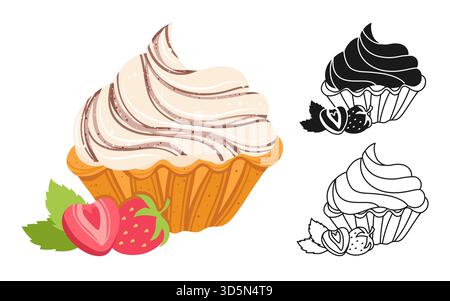 Dessert à la crème avec pâte à croûte courte à la crème fouettée à la vanille et ensemble de dessins animés de symbole dessiné à la main à la fraise. Icône de doodle linéaire à tartelettes sucrées rosette pâtisserie dessert. Motif dessiné à la main par vecteur de texture Illustration de Vecteur