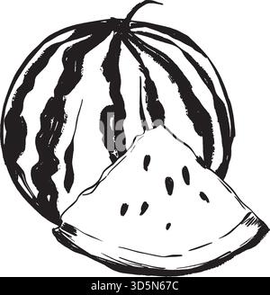 Pastèque entière avec tranche triangulaire au premier plan à l'encre audacieuse capturant les graines, les rayures de croûte et le rafraîchissement prêt à pique-nique, illustration vectorielle noire et blanche dessinée à la main dans le style d'art au trait. Illustration de Vecteur