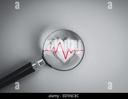 La loupe se concentrant sur le cœur géométrique blanc avec une ligne rouge de battement de cœur représente le bilan de santé cardiaque, la surveillance médicale, les diagnostics de cardiologie Banque D'Images