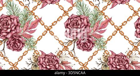 Roses de Bourgogne, branches de sapin, cônes, branches sèches, fleurs séchées, feuilles et chaînes motif sans couture illustration de l'aquarelle. Isolé, adapté pour C Banque D'Images