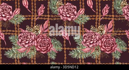 Roses de Bourgogne, branches de sapin, cônes, branches sèches, fleurs séchées, feuilles et chaînes modèle sans couture, illustration d'aquarelle. Isolé Deep Maroon, s Banque D'Images