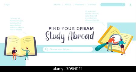 Étudiez à l'université à l'étranger, trouvez votre cours ou programme de rêve et obtenez des connaissances. Obtenir le diplôme et la qualification, commencer à apprendre. Page d'accueil du site Web Illustration de Vecteur