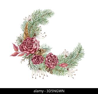 Couronne de roses Bordeaux, branches de sapin, cônes, fleurs séchées, branches sèches et plumes. Illustration aquarelle dans le style steampunk pour Noël et Banque D'Images