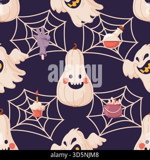Un motif d'Halloween sans couture avec des fantômes souriants, des toiles d'araignée et des citrouilles ludiques. Cette illustration vectorielle est idéale pour la déco festive d'Halloween Illustration de Vecteur
