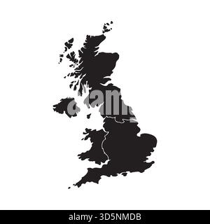Une silhouette noire du Royaume-Uni et de l'Irlande sur fond blanc, soulignant leurs contours géographiques. Illustration de Vecteur