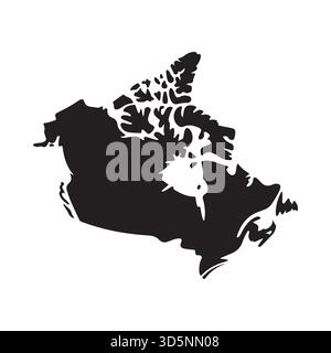 Une silhouette noire frappante du contour géographique du Canada, mettant en valeur ses îles et sa forme continentale sur un fond blanc. Illustration de Vecteur