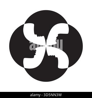 Graphique abstrait stylisé présentant quatre formes courbes blanches disposées en tourbillon sur un fond noir Uni. Illustration de Vecteur