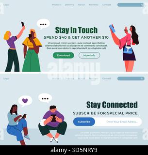 Application de médias sociaux, restez connecté et abonnez-vous à prix spécial. Les utilisateurs de smartphones discutent et parlent en vidéo. Page d'accueil du site Web Illustration de Vecteur