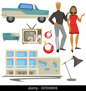 Mode vintage et 1960s symboles style, architecture et époque, vecteur homme et femme. Voiture et radio rétro, téléviseur et bâtiment, boucles d'oreilles et lampe. GI Illustration de Vecteur