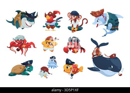Animaux marins pirates. Animaux nautiques de dessins animés portant des chapeaux de pirate et des bandanas, mignon poisson brave requin singe perroquet crabe et tortue. Omble marin vectoriel Illustration de Vecteur