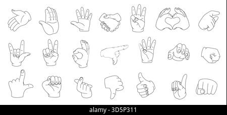 Gestes linéaires de la main. Femme mains différentes pose un style linéaire minimal, dessiner des silhouettes de paume simples avec des doigts pointant un toucher délicat. Vecteur c Illustration de Vecteur