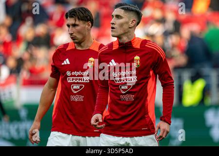 Budapest, Hongrie. 17 novembre 2025. Roland Sallai, de Hongrie, et Willi Orbán, de Hongrie, lors du match du Groupe F de qualification de la Coupe du monde de la FIFA 2026 opposant la Hongrie à la République d'Irlande au Puskás Aréna à Budapest, Hongrie, le 16 novembre 2025 (photo Andrew Surma/Sipa USA). Crédit : Sipa USA/Alamy Live News Banque D'Images