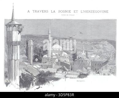 Gravure représentant la vieille ville de Sarajevo ('Stari Grad'), caractérisée par de nombreux minarets et dômes de mosquées, des maisons traditionnelles serrées, et Banque D'Images