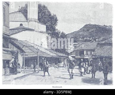 Gravure représentant une scène de marché historique animée avec des hommes en tenue traditionnelle rassemblés autour de sacs et de produits, sous un grand toit Banque D'Images
