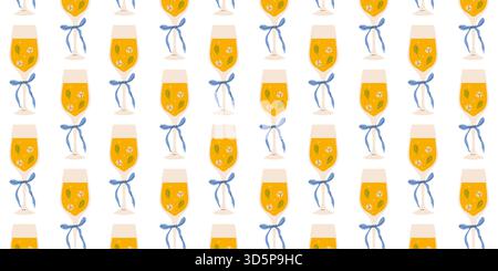 Des verres jaunes vifs remplis de jus et attachés avec des rubans bleus sont organisés dans un motif répétitif et joyeux. Cet arrangement amusant ajoute une liv Illustration de Vecteur
