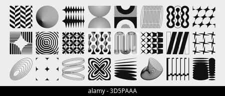 Collection brutaliste de formes y2k avec des éléments de géométrie abstraits et des icônes vectorielles. Symboles monochromes et motifs audacieux, cercles concentriques et zigzags, lignes ondulées et grilles pour un graphisme moderne. Illustration de Vecteur