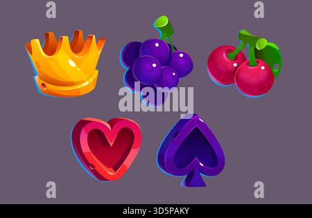 Icônes colorées de machines à sous de casino avec couronne dorée, raisins violets, cerises rouges, symboles de cœur et de pique. Éléments de fruits brillants et costumes de cartes pour la barre de jeu jackpot ou match trois design d'interface. Illustration de Vecteur