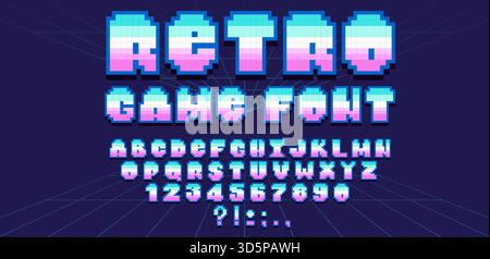Typographie de pixel de jeu rétro avec style de police informatique classique 8 bits. Éléments de texte vidéo d'arcade avec lettres géométriques et esthétique de jeu vintage. Design d'interface Cyberpunk dans des couleurs néon. Illustration de Vecteur