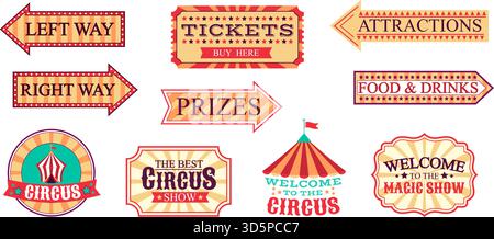 Étiquettes et affiches rétro Circus. Billets de carnaval vintage, flèches et Show Banners illustration vectorielle. Illustration de Vecteur