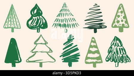 Silhouette d'arbre de Noël à la brosse à peinture verte. Marqueur main dessiner arbre de Noël ensemble d'icônes. Pinceau d'encre calligraphie épinettes, symbole pour les vacances d'hiver Illustration de Vecteur