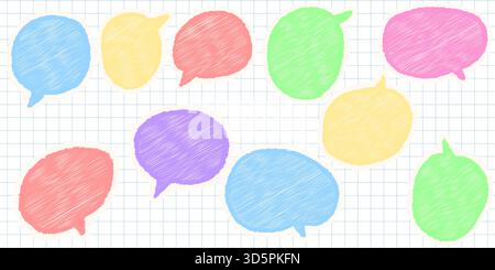 Bulles de discours de style croquis dessinées à la main avec texture de crayon à craie sur papier carrée, illustration vectorielle de cadres de conversation comiques avec style grunge Illustration de Vecteur