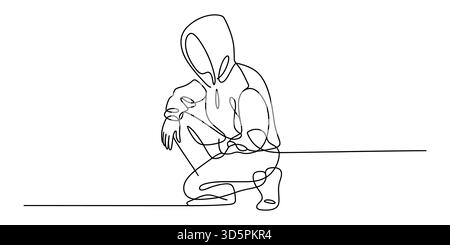 Dessin d'art minimaliste en ligne continue d'une figure à capuche squattant la jeunesse Illustration de Vecteur