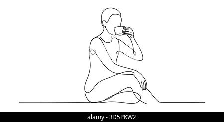 Dessin artistique minimaliste en ligne continue de personne appréciant une tasse de boisson chaude. Illustration de Vecteur