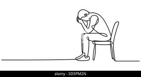 Art sur une seule ligne d'une personne assise seule, se sentant triste, stressée ou déprimée Illustration de Vecteur
