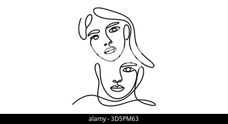 Illustration d'art en ligne continue de deux visages humains abstraits, design minimaliste Illustration de Vecteur