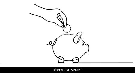 Dessin de ligne continue de la main mettant une pièce dans une tirelire, économisant Illustration de Vecteur